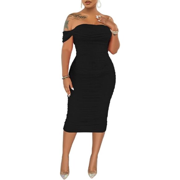 Dresses & Skirts - Women Ruched Off Shoulder Bodycon Midi Dress Elegant Party Slip On